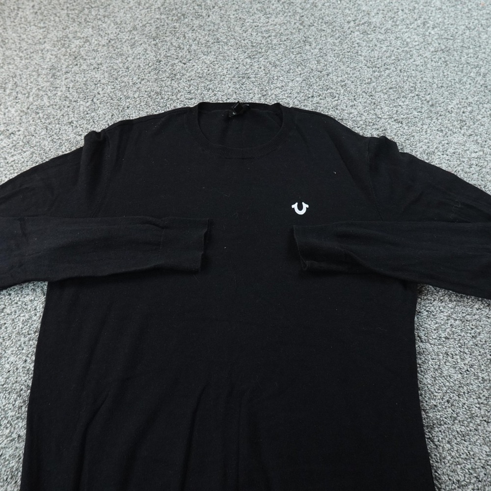 True Religion Sweater Mens L Black Pullover Crewneck Logo Long Sleeve Casual
